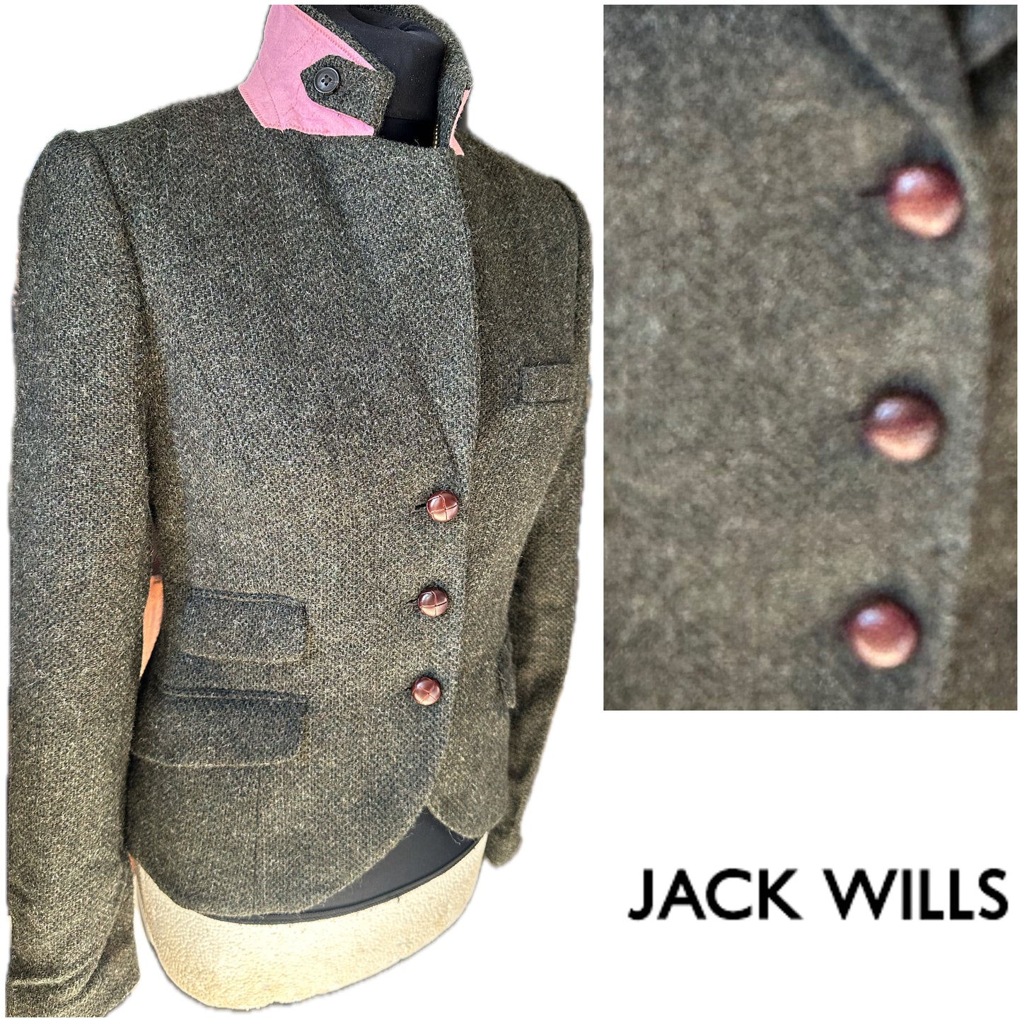 Women Jack Wills Olive Green Tweed Jacket UK Size 10