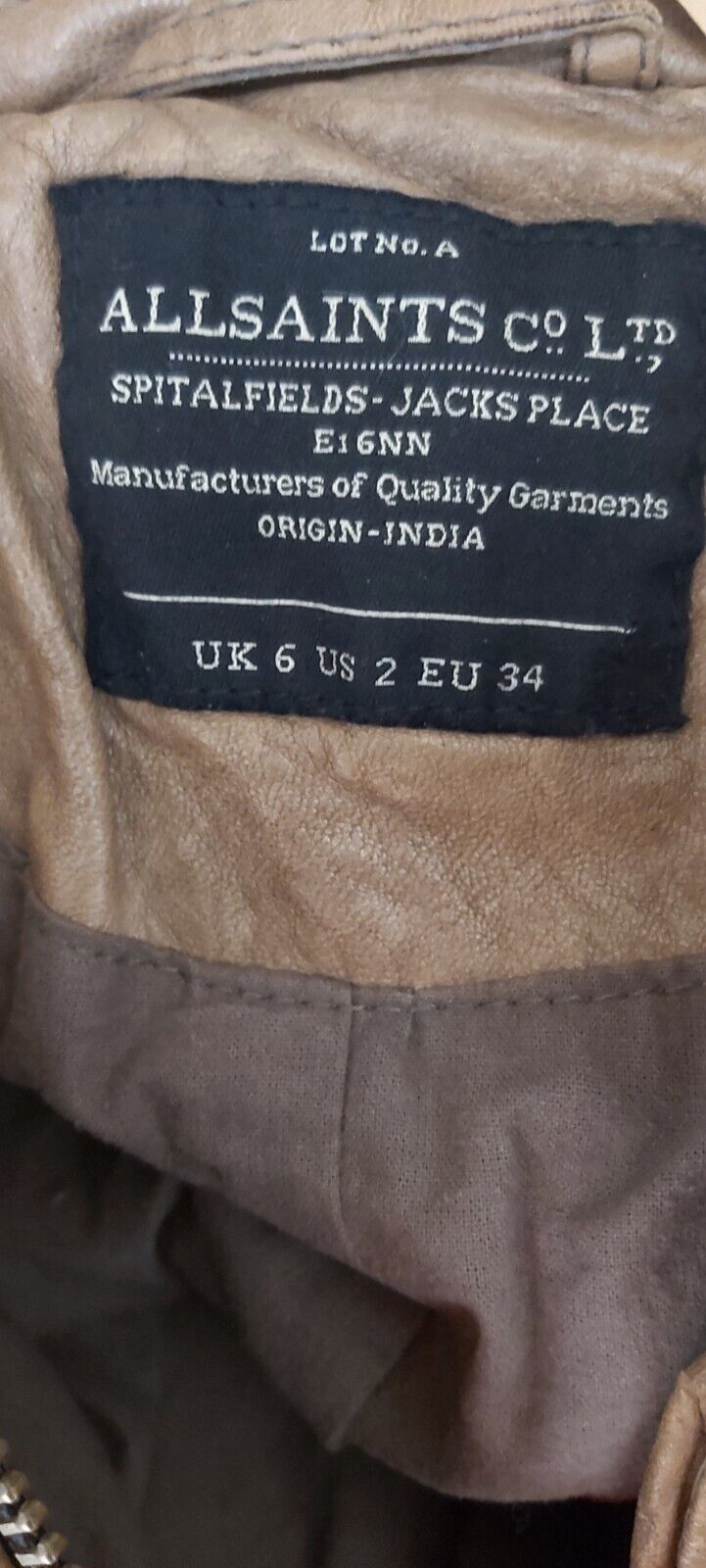Ladies All Saints Spitafields Tan Brown leather Biker Jacket UK 6 US 2 EU34