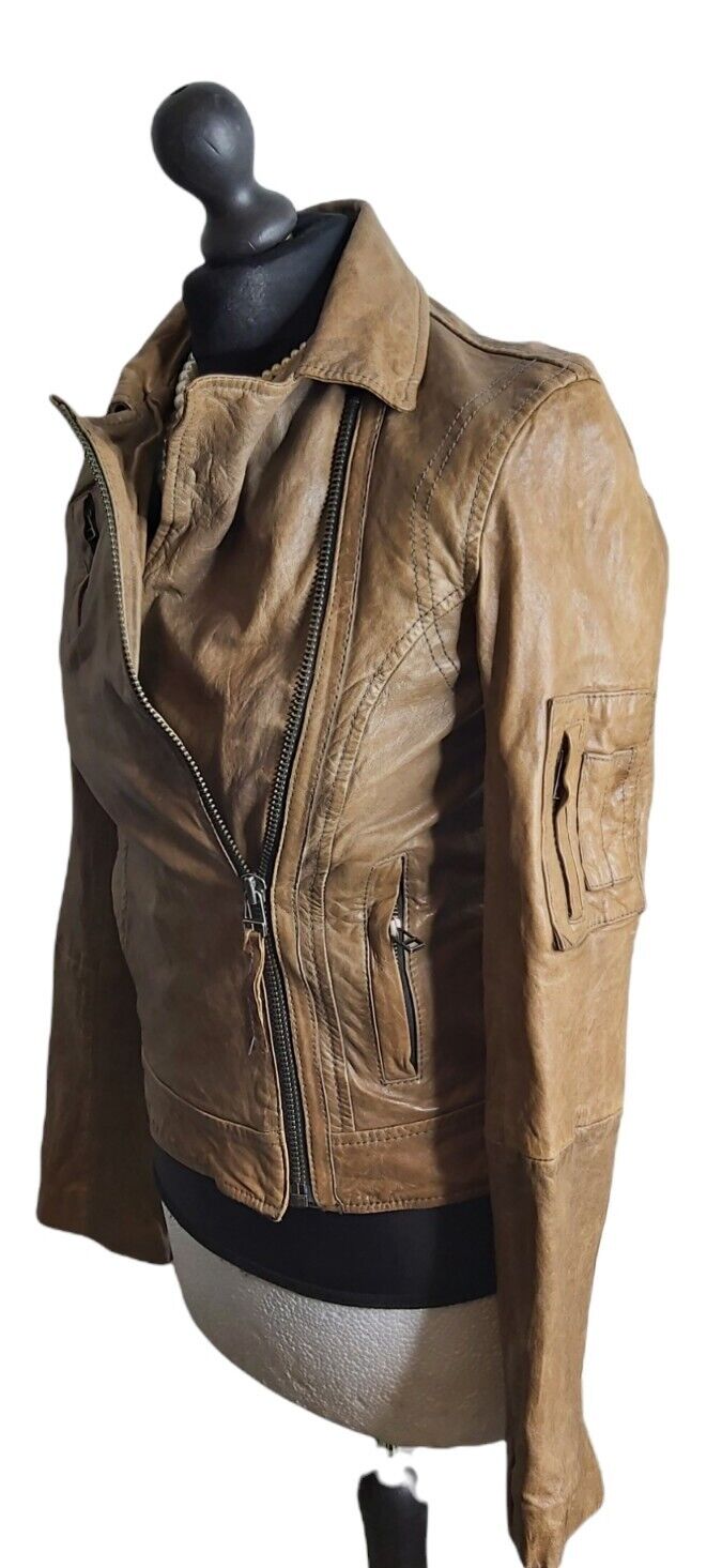 Ladies All Saints Spitafields Tan Brown leather Biker Jacket UK 6 US 2 EU34