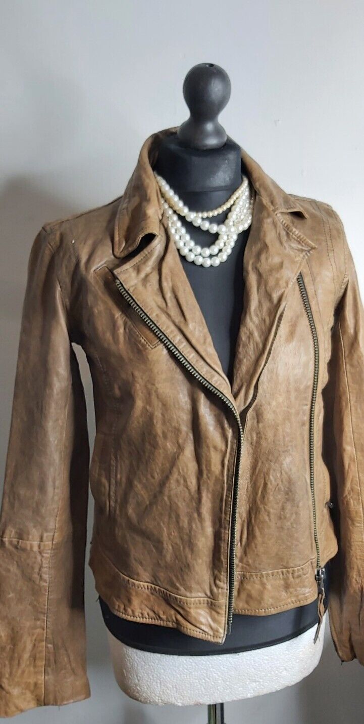 Ladies All Saints Spitafields Tan Brown leather Biker Jacket UK 6 US 2 EU34