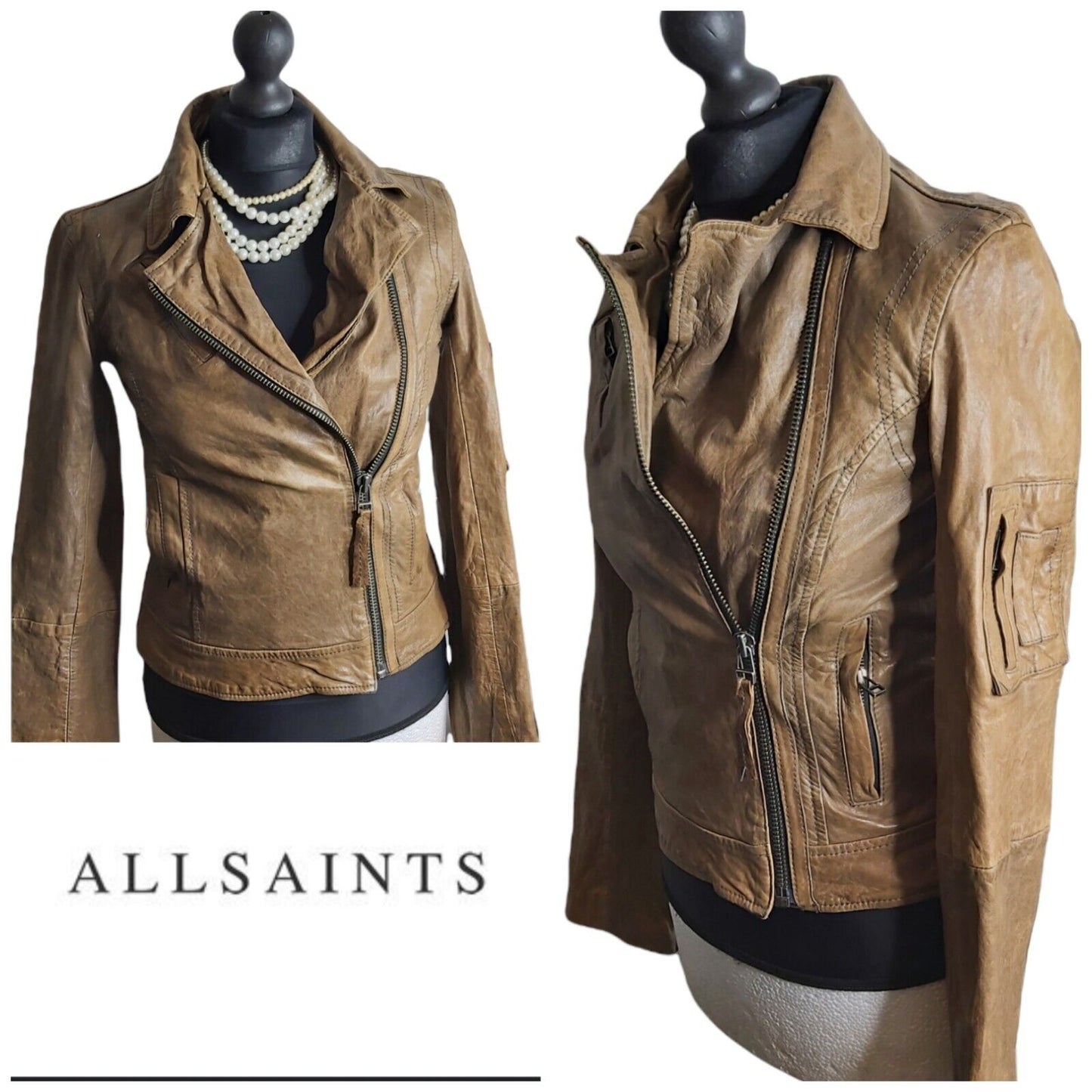 Ladies All Saints Spitafields Tan Brown leather Biker Jacket UK 6 US 2 EU34