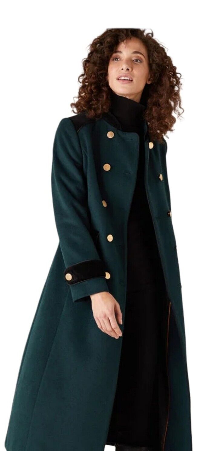 NEW TAGS Monsoon Maddie Green Military Long Wool Coat UK 10
