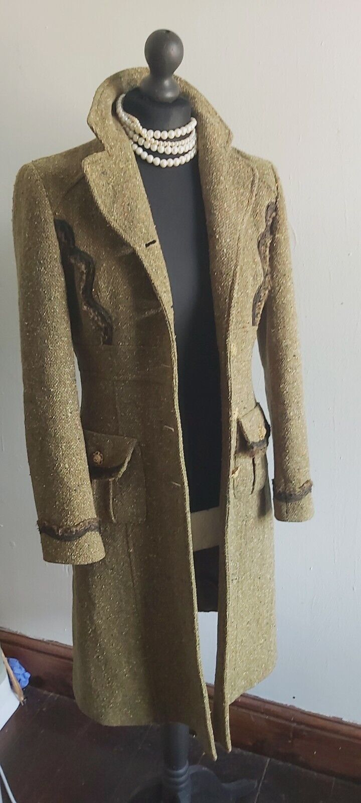 Tara Jarmon Green Wool Tweed Silk Tweed Classic Long Coat 10