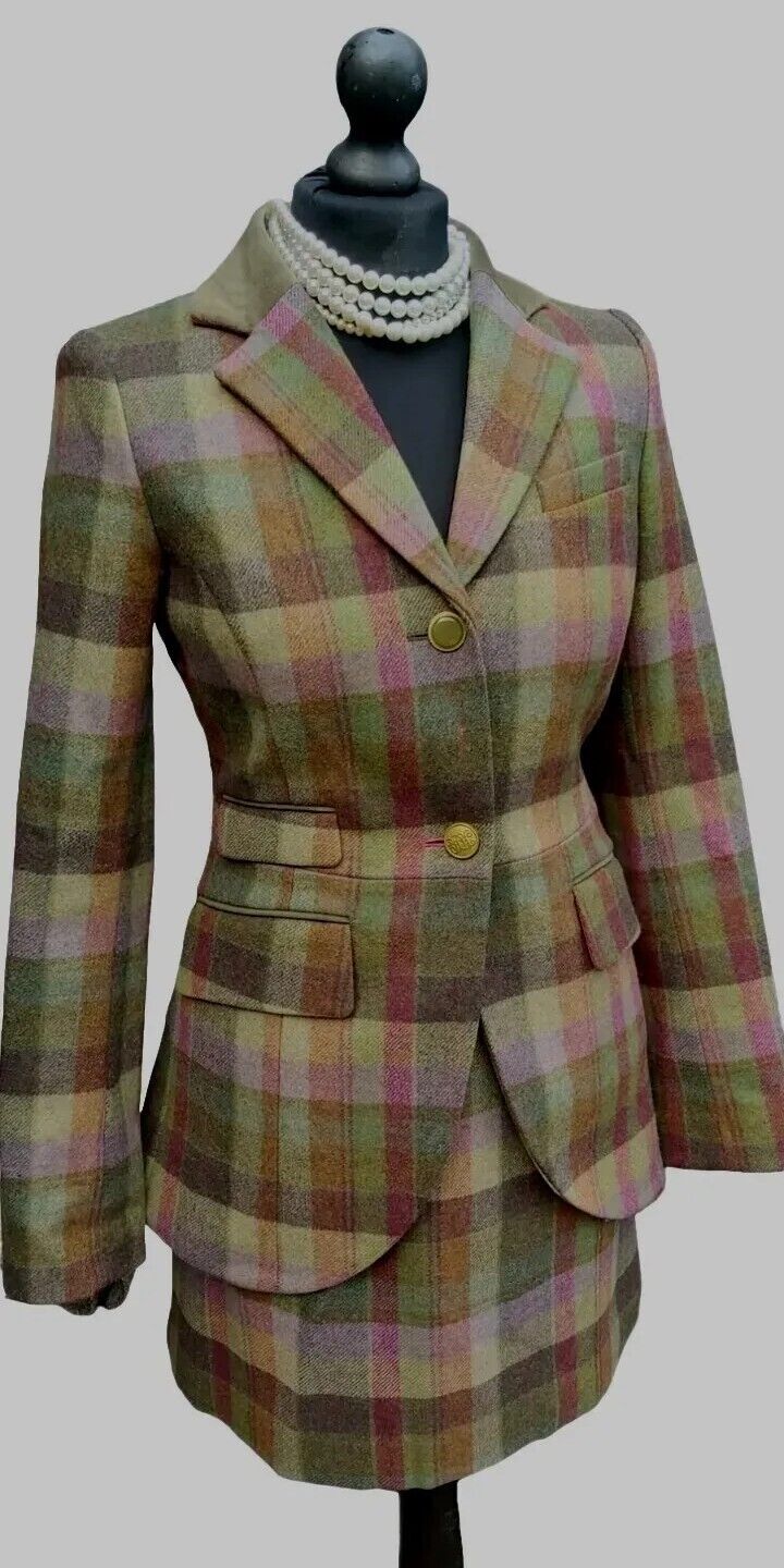 Joules Womens Green Tweed Wool Blazer Skirt Suit Jacket Size 8
