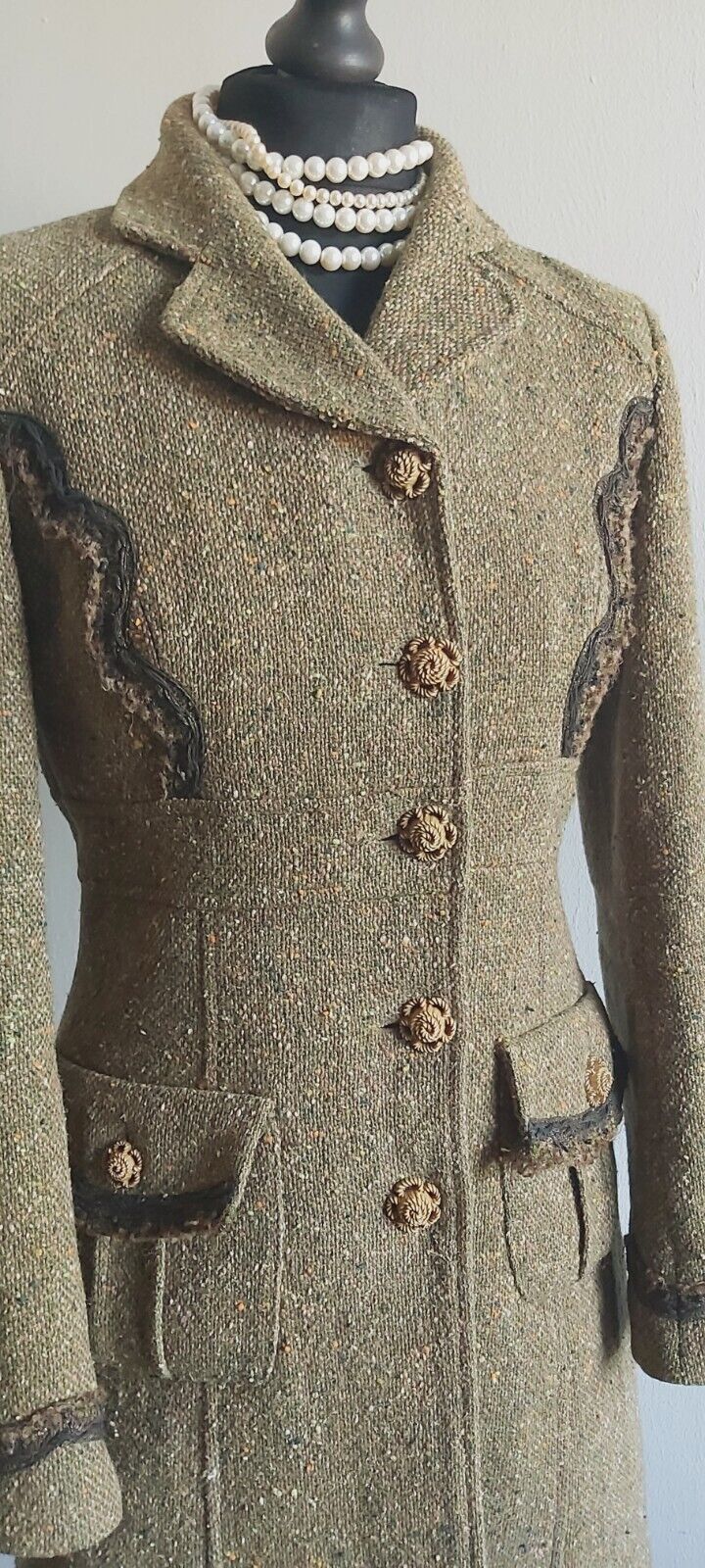 Tara Jarmon Green Wool Tweed Silk Tweed Classic Long Coat 10