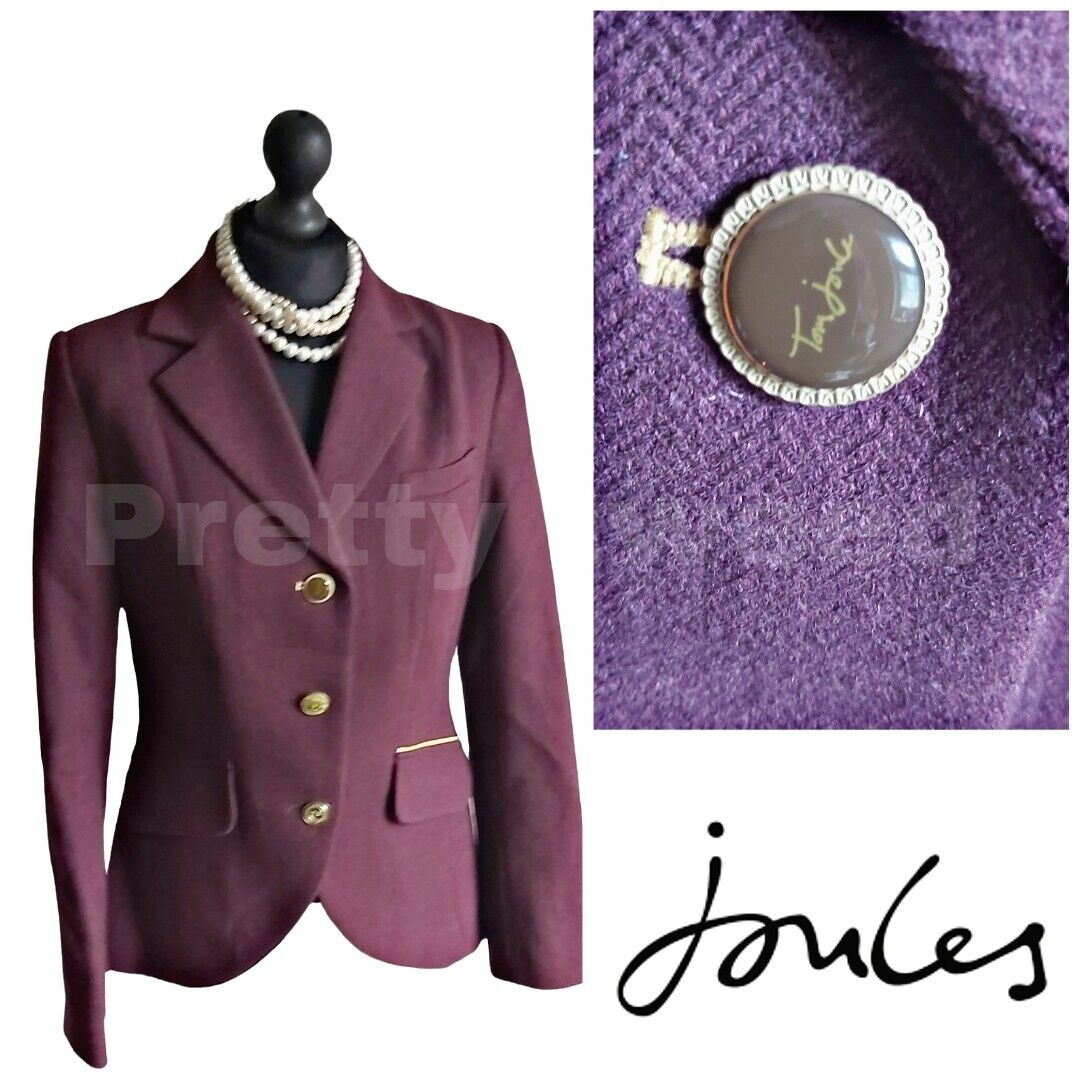 Joules Tweed Jacket 100% Wool Fitted Burgundy Jacket Size 12