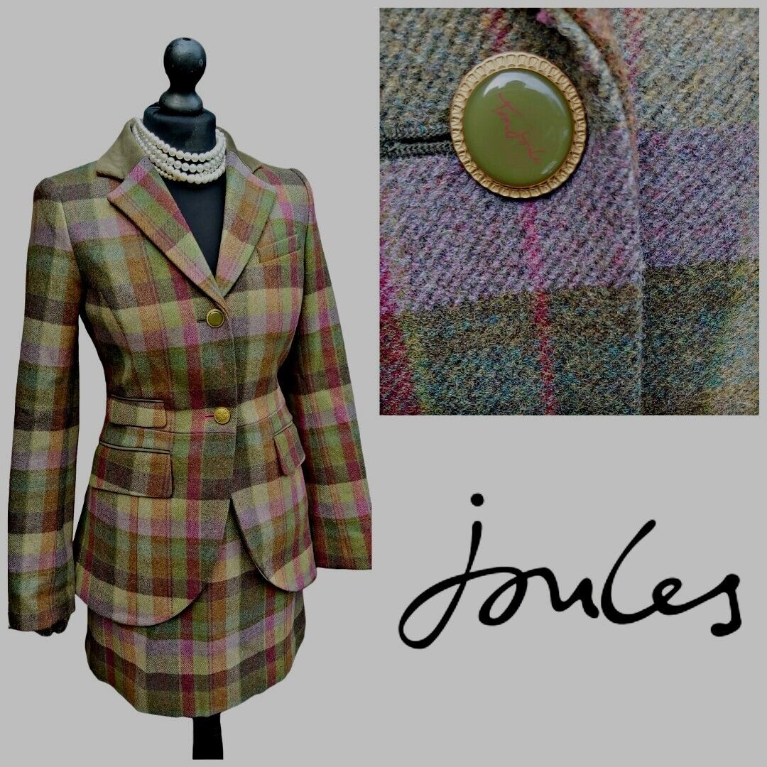 Joules Womens Green Tweed Wool Blazer Skirt Suit Jacket Size 8