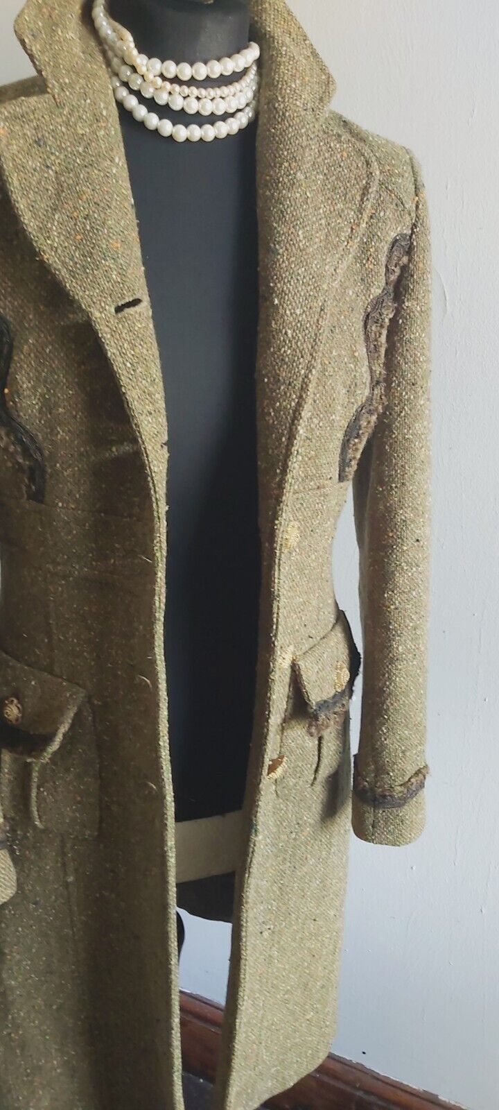 Tara Jarmon Green Wool Tweed Silk Tweed Classic Long Coat 10