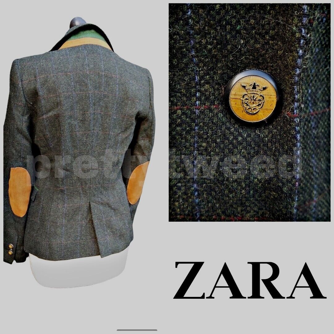 Ladies Zara Tweed 100% Wool Jacket With Elbow Patches Size M (8 and 10)