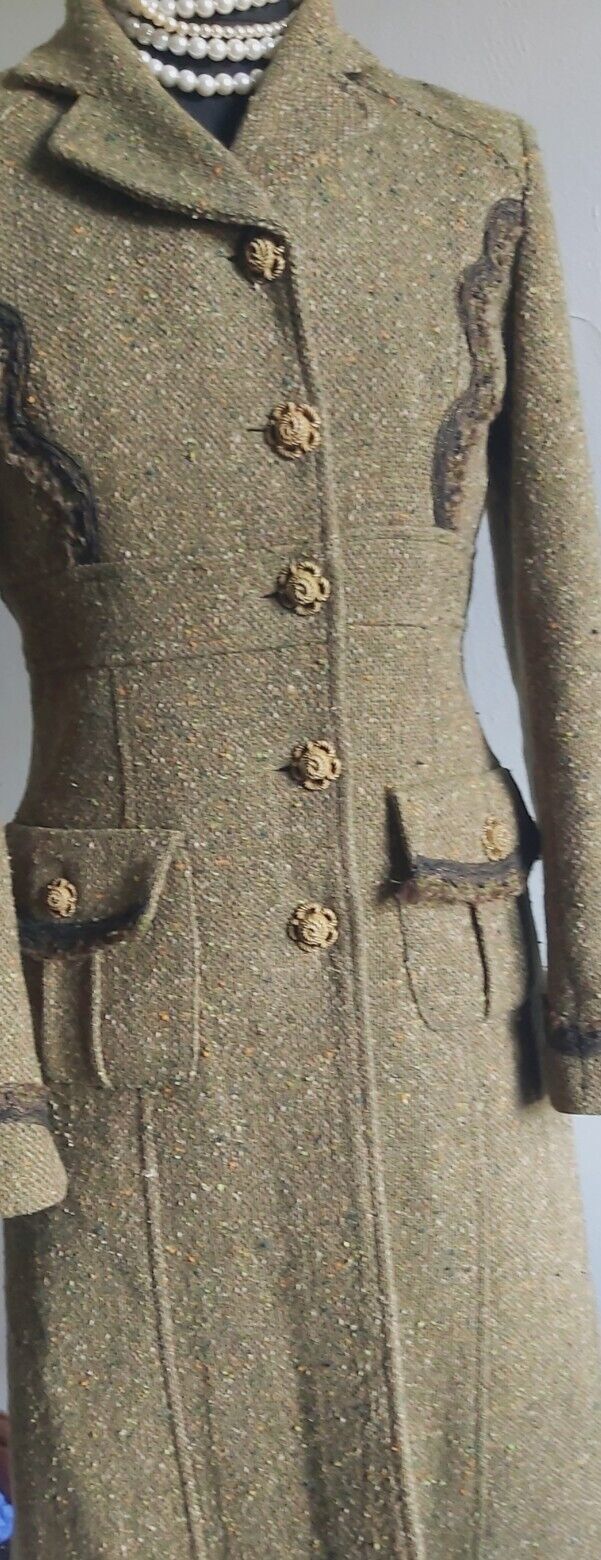 Tara Jarmon Green Wool Tweed Silk Tweed Classic Long Coat 10