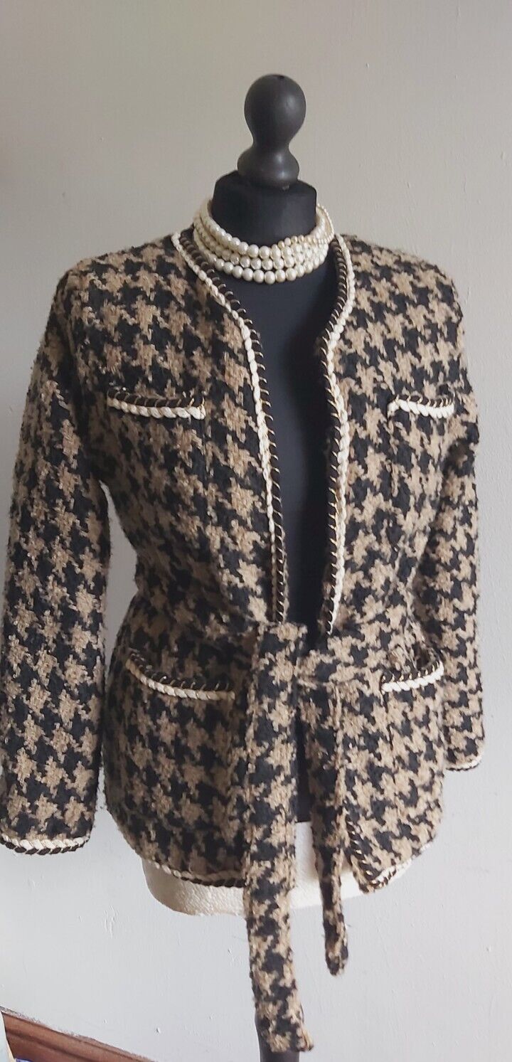 Vintage HOUNDSTOOTH LADIES TWEED Wrap Jacket Coat SIZE S
