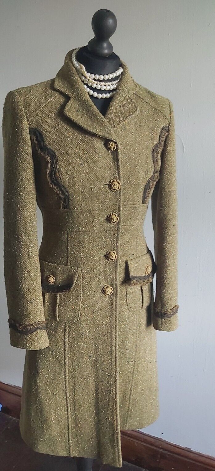 Tara Jarmon Green Wool Tweed Silk Tweed Classic Long Coat 10