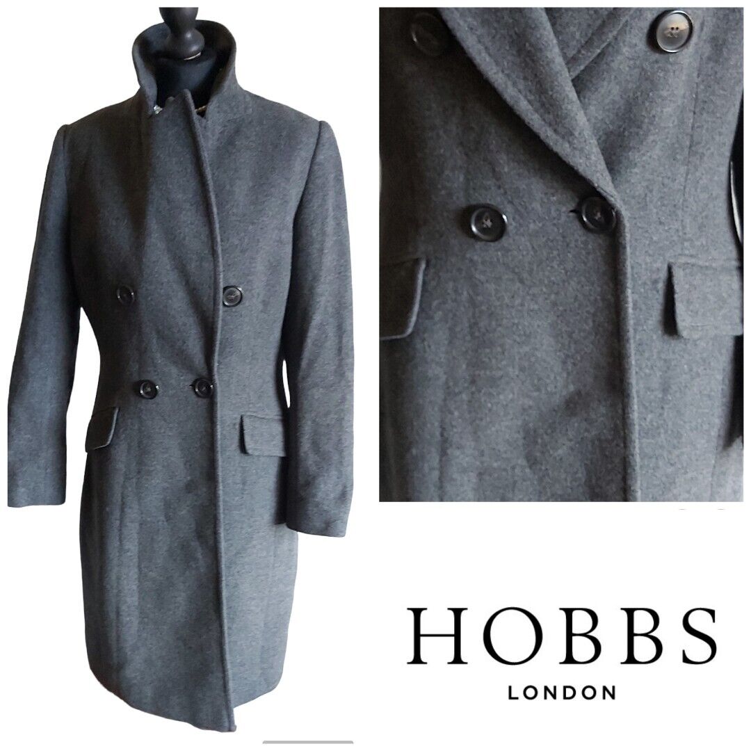 Hobbs Grey Double Breasted Wool Cashmere Long Coat 10/12