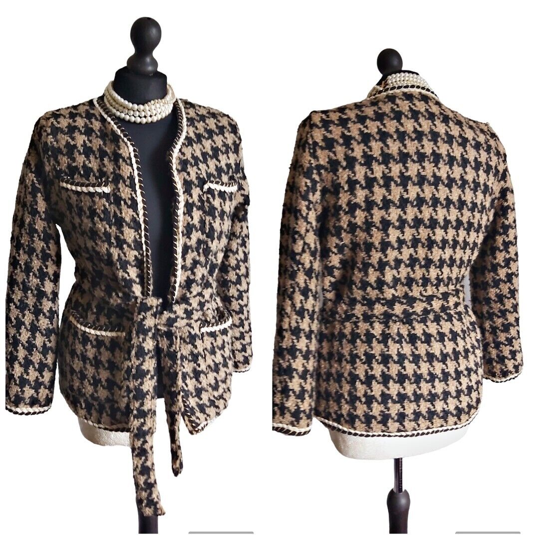 Vintage HOUNDSTOOTH LADIES TWEED Wrap Jacket Coat SIZE S
