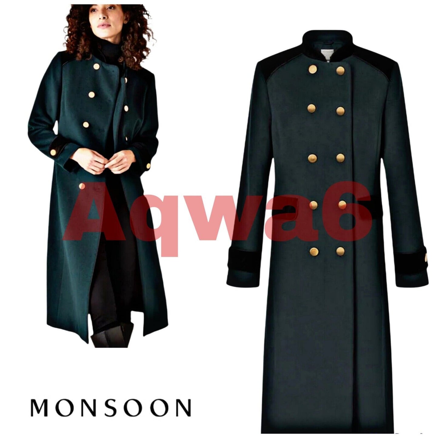 NEW TAGS Monsoon Maddie Green Military Long Wool Coat UK 10