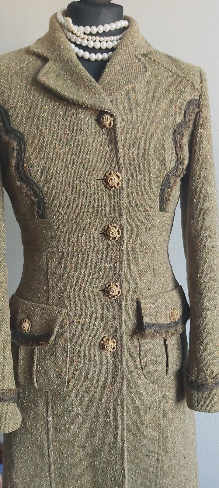 Tara Jarmon Green Wool Tweed Silk Tweed Classic Long Coat 10