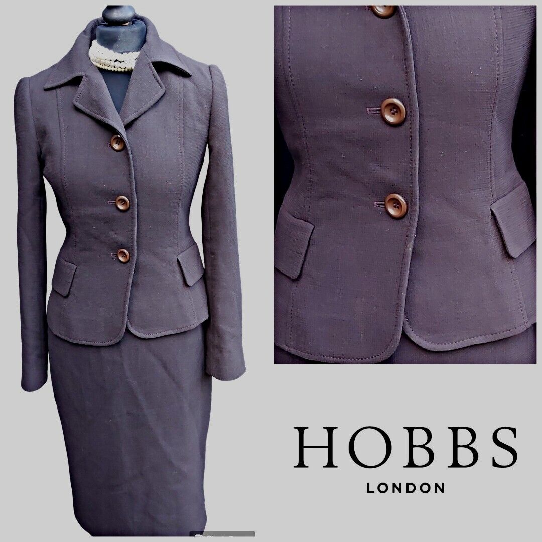 Hobbs 100% Wool Skirt Jacket Brown Suit UK Size 10