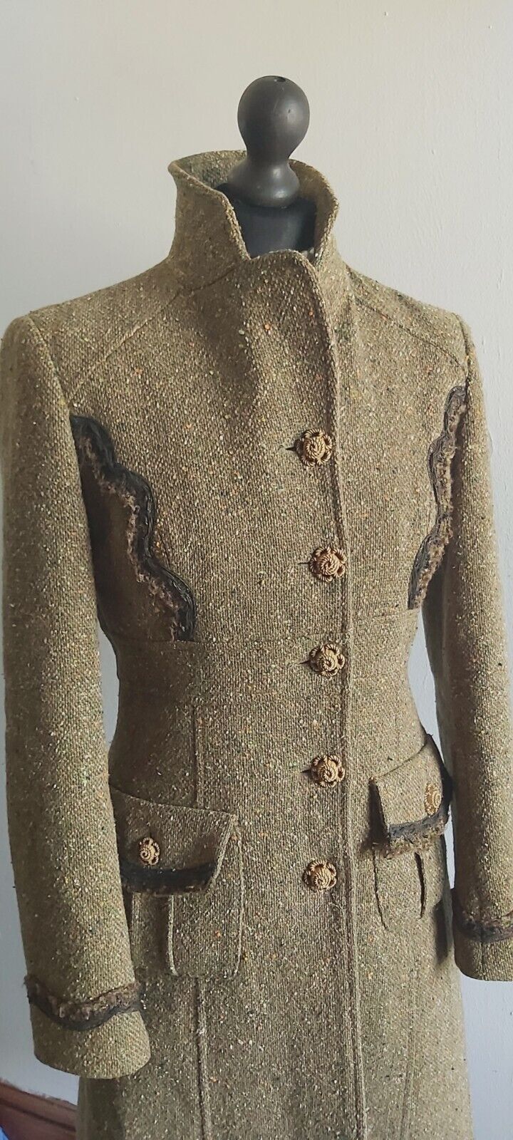 Tara Jarmon Green Wool Tweed Silk Tweed Classic Long Coat 10