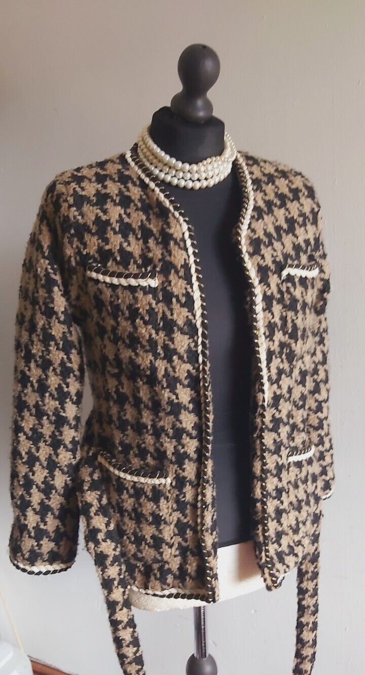 Vintage HOUNDSTOOTH LADIES TWEED Wrap Jacket Coat SIZE S