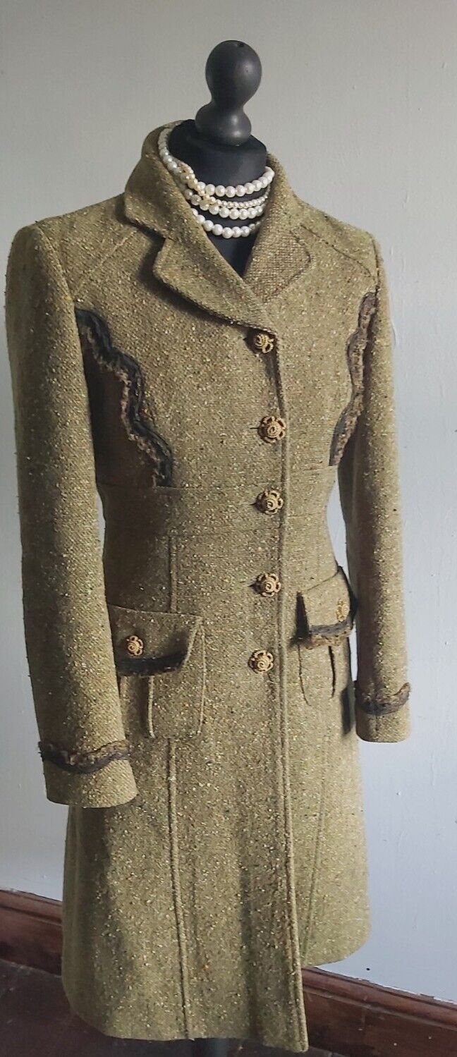 Tara Jarmon Green Wool Tweed Silk Tweed Classic Long Coat 10