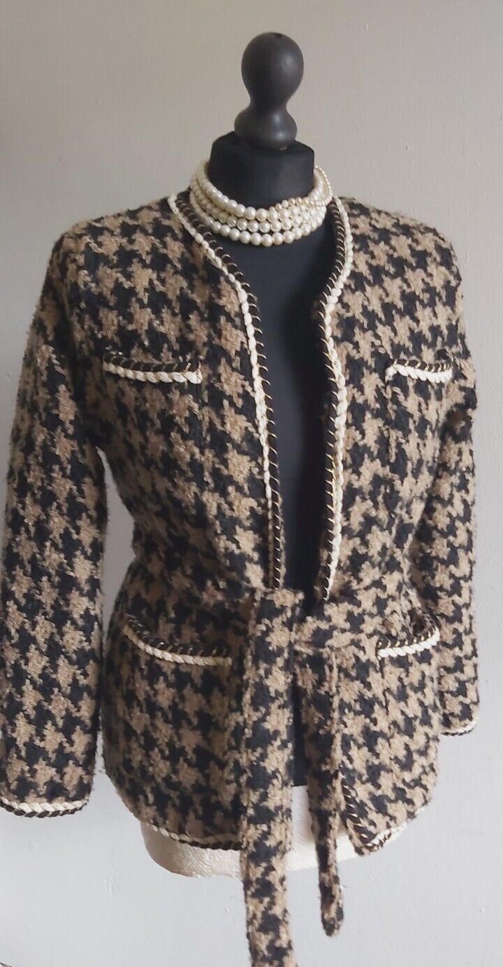 Vintage HOUNDSTOOTH LADIES TWEED Wrap Jacket Coat SIZE S