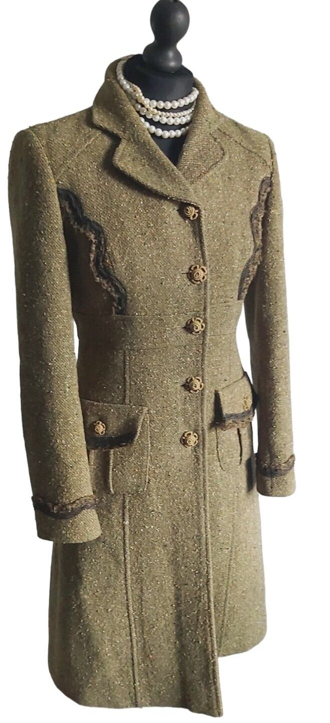 Tara Jarmon Green Wool Tweed Silk Tweed Classic Long Coat 10
