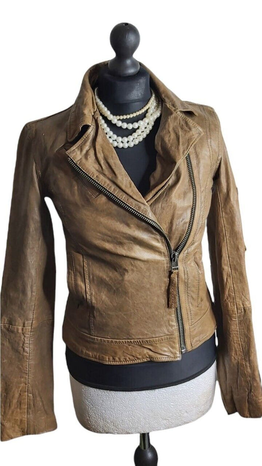 Ladies All Saints Spitafields Tan Brown leather Biker Jacket UK 6 US 2 EU34