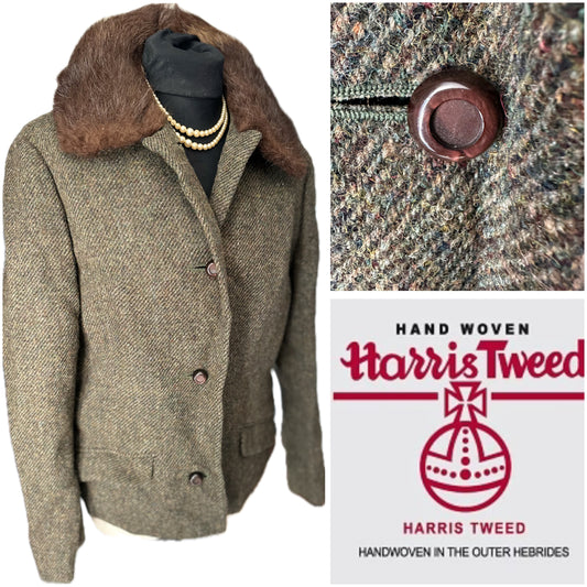Womens Harris Tweed Jacket with fur collar UK 12