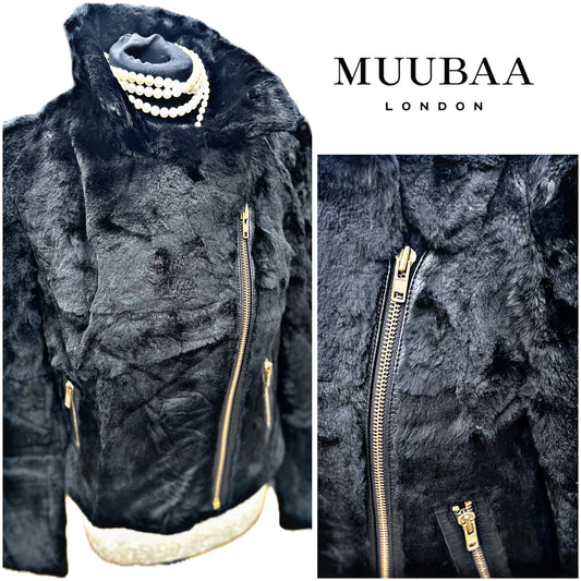 New Muubaa Ladies Black Fur Motorcycle Biker Jacket UK 10