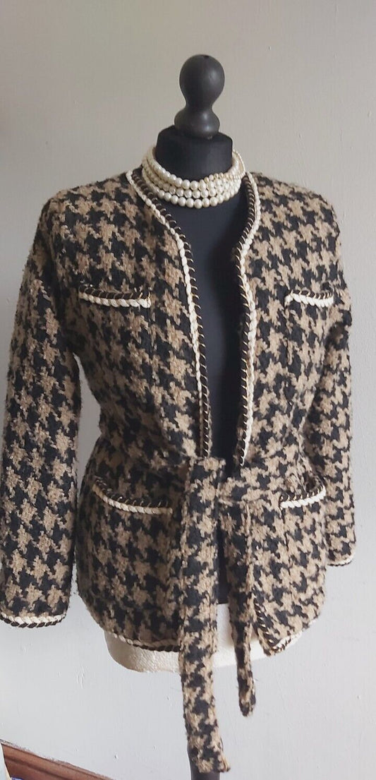 Vintage HOUNDSTOOTH LADIES TWEED Wrap Jacket Coat SIZE S