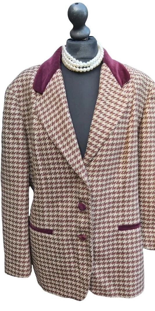 Ladies Vintage Check Tweed Smart Jacket Blazer Country Uk 12 Wool
