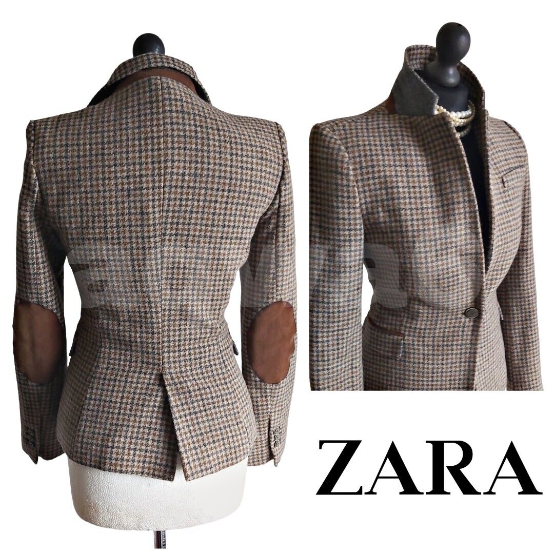 ZARA Ladies 100% Wool Tweed Elbow Patch Hacking Blazer Jacket